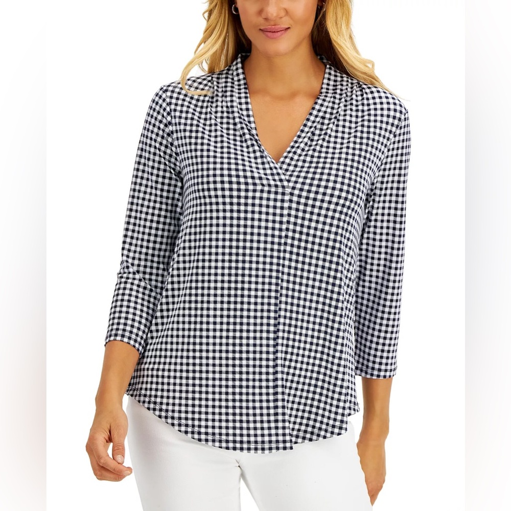 Charter Club Petite Women’s Gingham 3/4 Sleeve Top PL